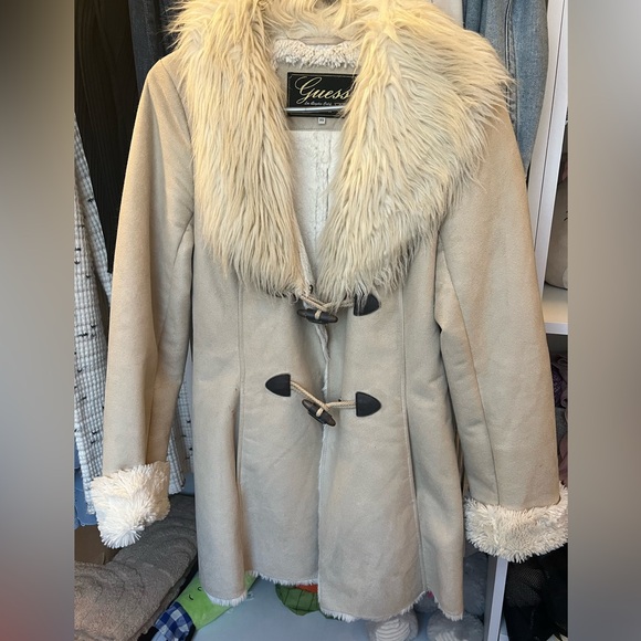 Guess faux fur collar cream beige warm cozy coat xs